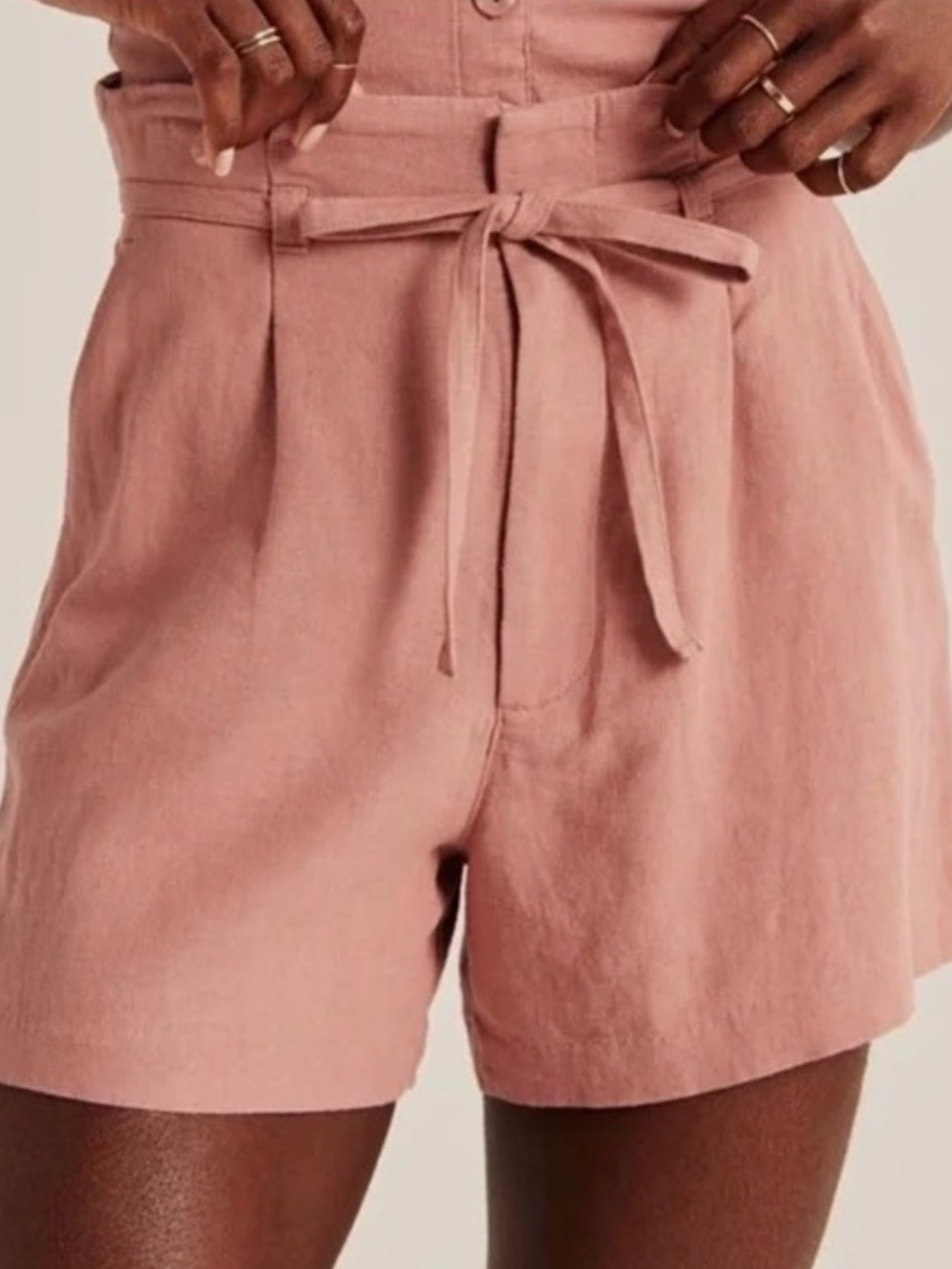 Abercrombie & Fitch linen-blend High-Waist Tie-Front Dusty Rose Shorts